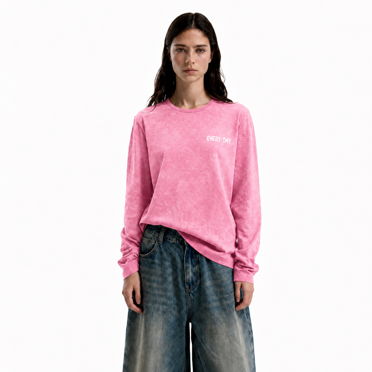 Pink Long Sleeve Acid Washed